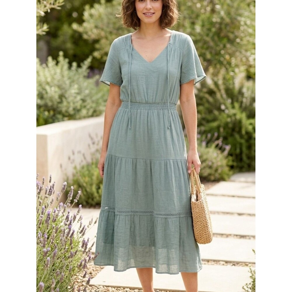Luxology Light Blue Tiered Midi Dress L Smocked Waist Crochet Trim Cottagecore